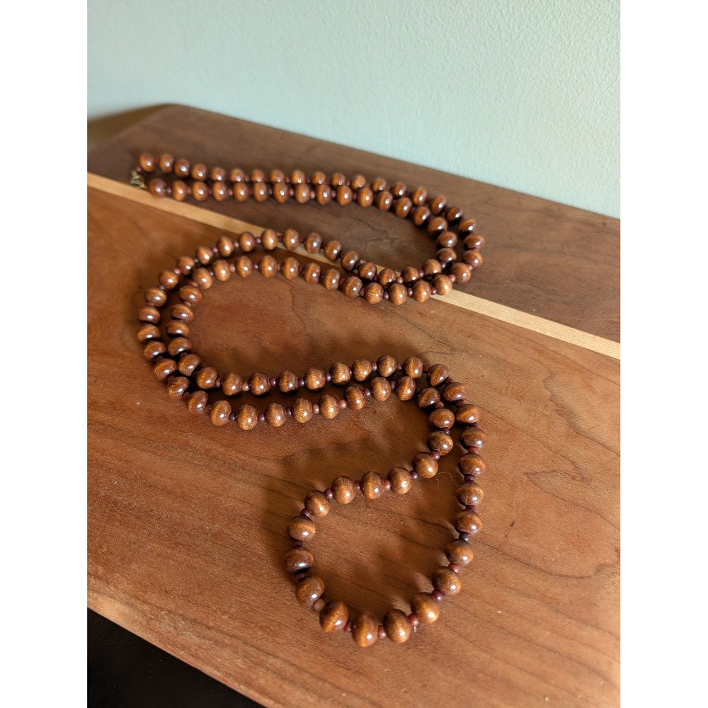 Vintage Long Brown Wood Bead Necklace 52 Inch Strand Brass Spring Ring Clasp
